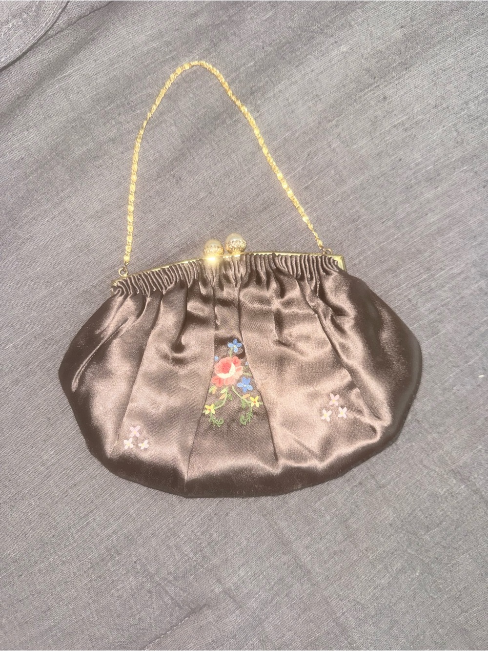 Elegant Brown Satin Evening Clutch with Floral Embroidery vintage